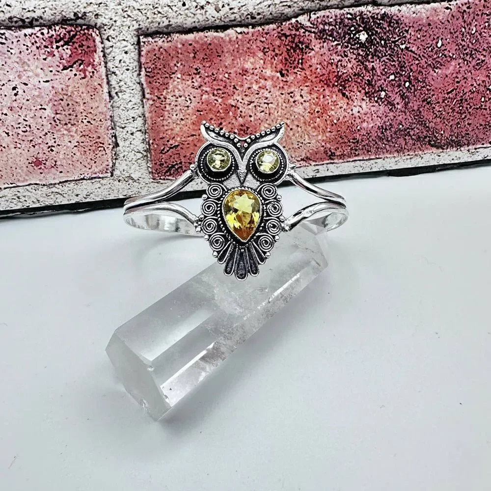 Citrine Owl Bangle Sterling Silver Plated Bracelet